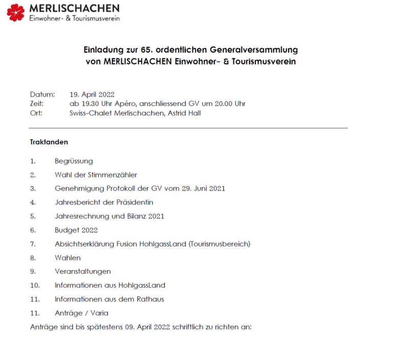 Merlischachen Tourismus: GV Protokoll & Jahresbericht online